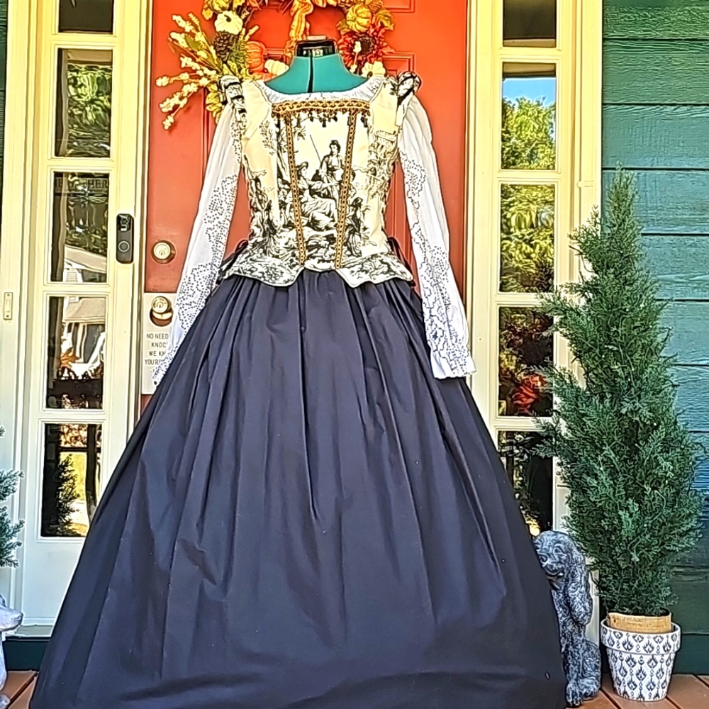 French country Toile patterned Renaissance costume, black and white.